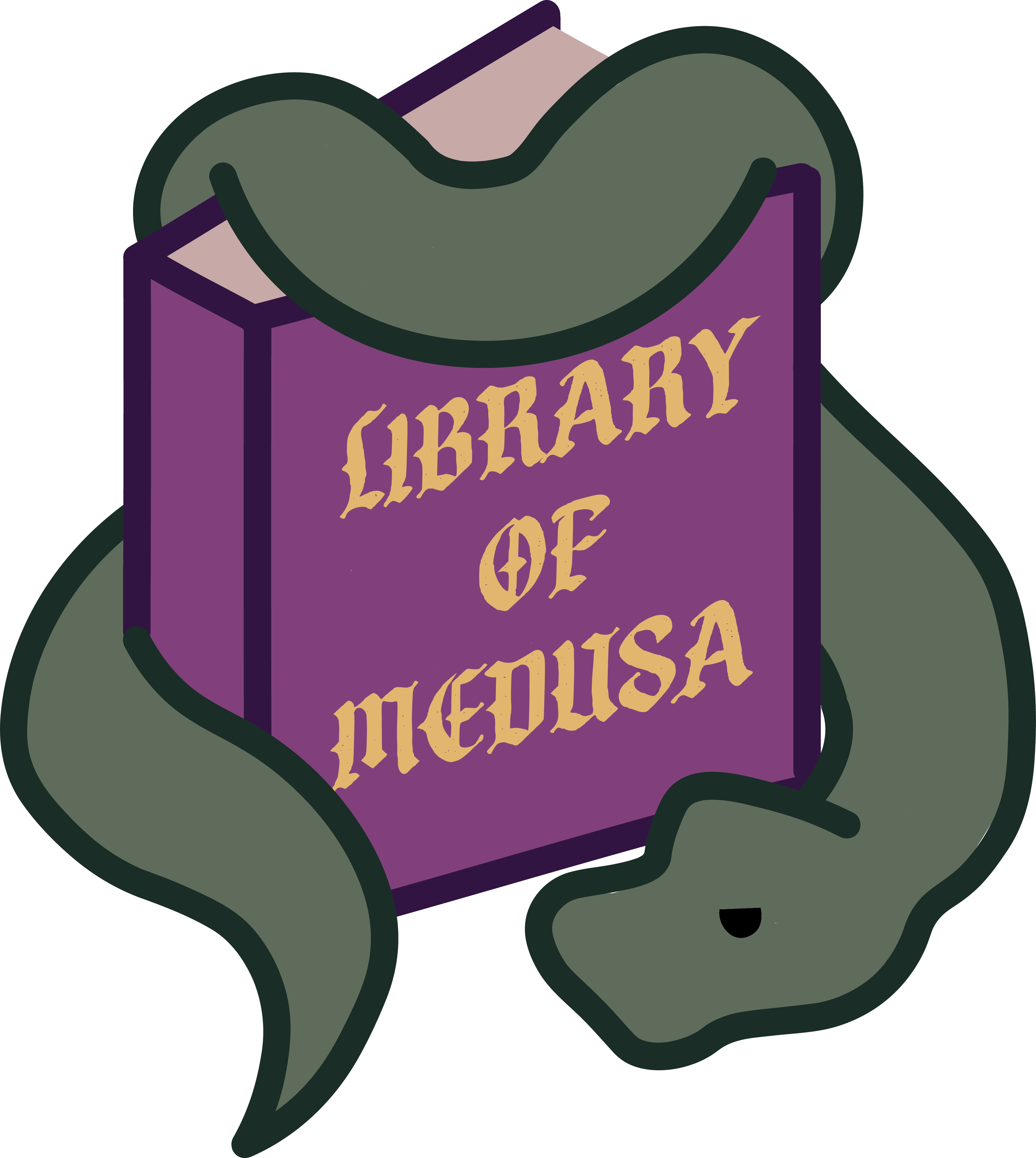 A cartoon of a snake coiled around a book that reads 'Library of Medusa'