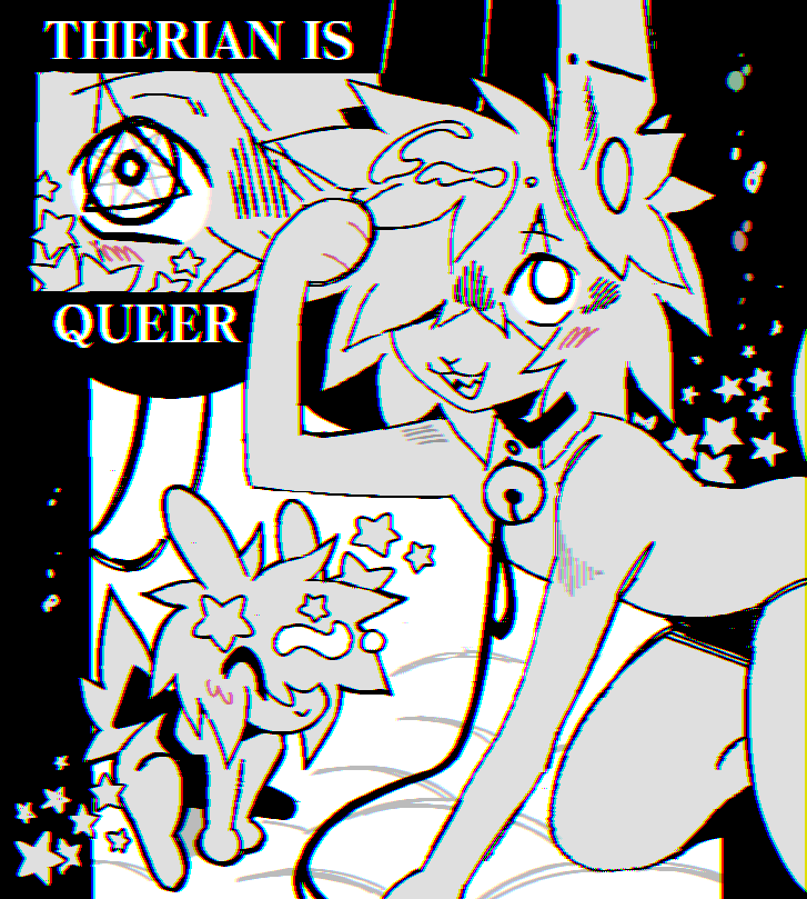 A piece by DeadBunny aka Ramiel depicting himself from three angles. His iris is inlaid with the theta-delta and septagram, along with prominent text reading 'Therian is Queer'