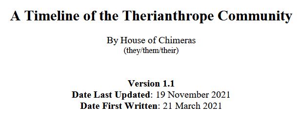 The title and publication information for A Timeline of the Therianthrope Community by House of Chimeras